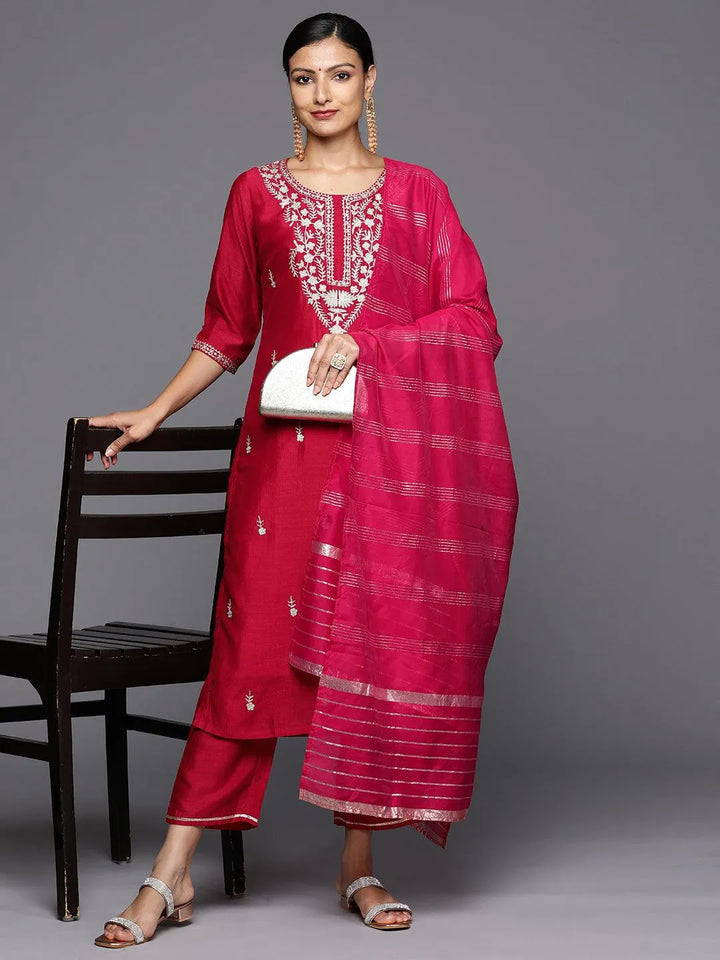 Pink Embroidered Silk Blend Straight Kurta With Trousers & Dupatta - Libas