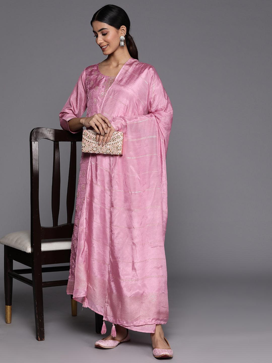 Pink Embroidered Silk Blend Suit Set With Trousers - Libas