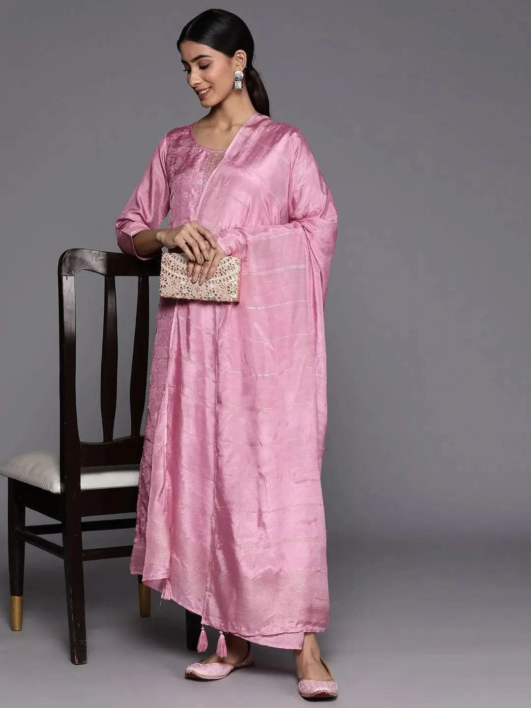 

Pink Embroidered Silk Blend Straight Kurta With Trousers & Dupatta