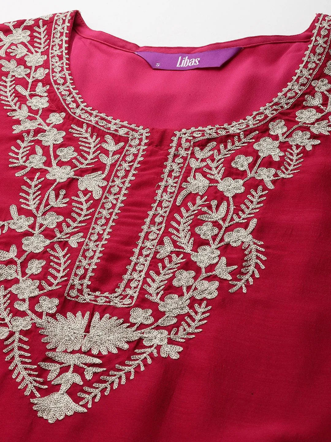Pink Embroidered Silk Blend Straight Kurta With Trousers & Dupatta - Libas 