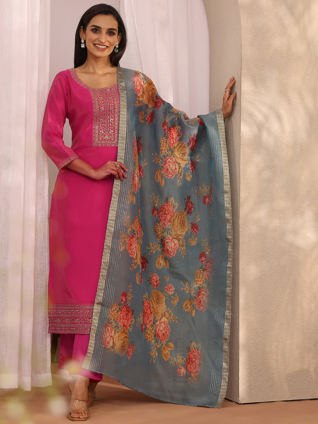 Pink Embroidered Silk Blend Straight Suit Set With Dupatta