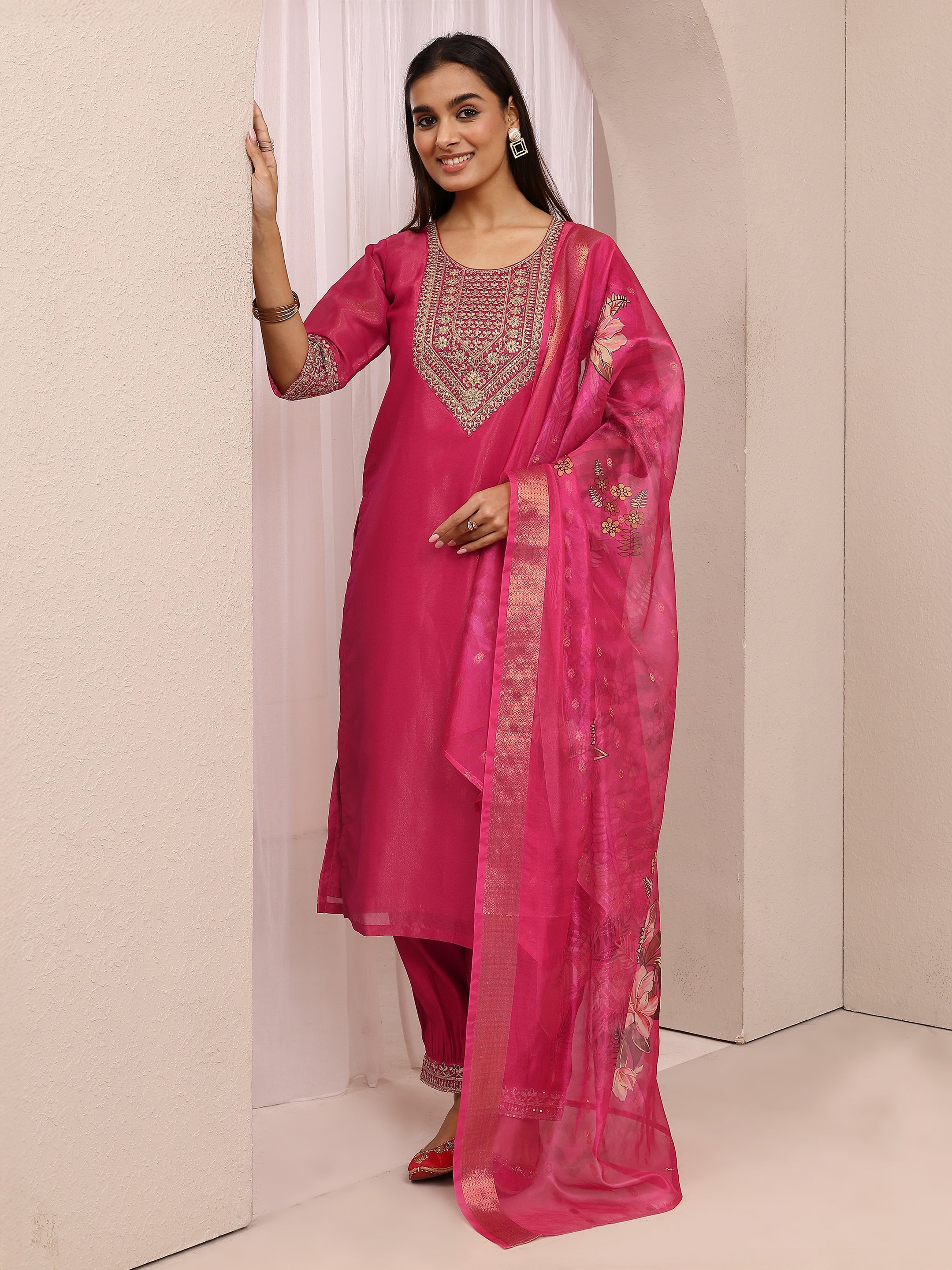 libas Pink Embroidered Silk Blend Straight Suit Set With Dupatta-picture-52
