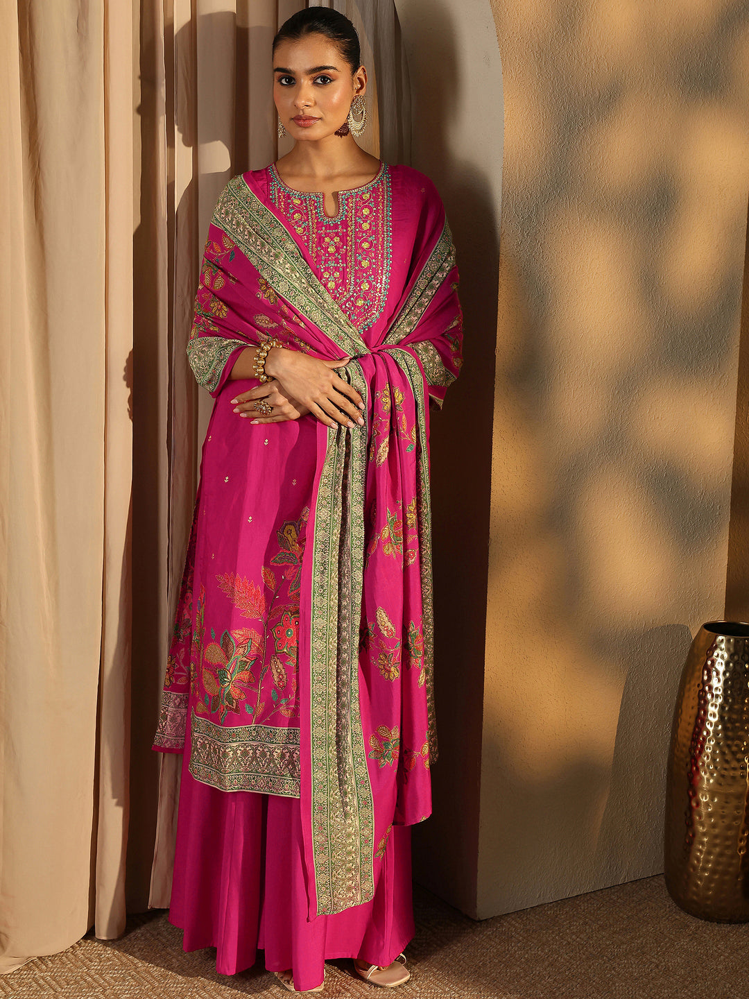 Pink Embroidered Silk Blend Straight Suit Set With Dupatta