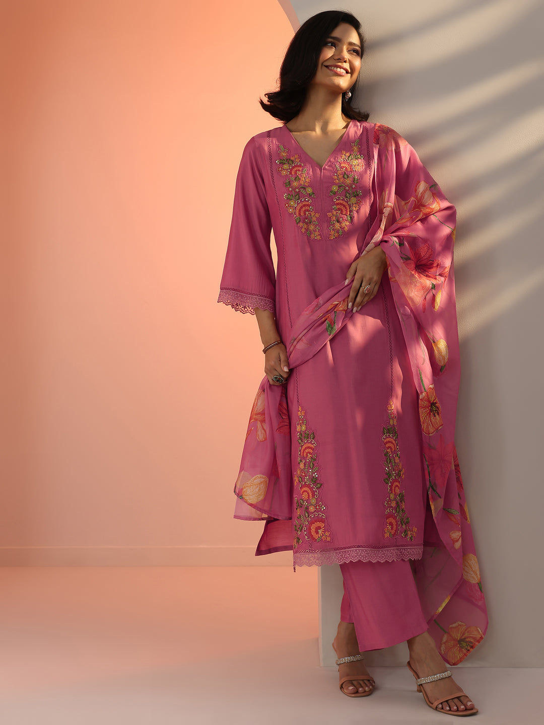  Pink Embroidered Silk Blend Straight Suit Set With Dupatta 