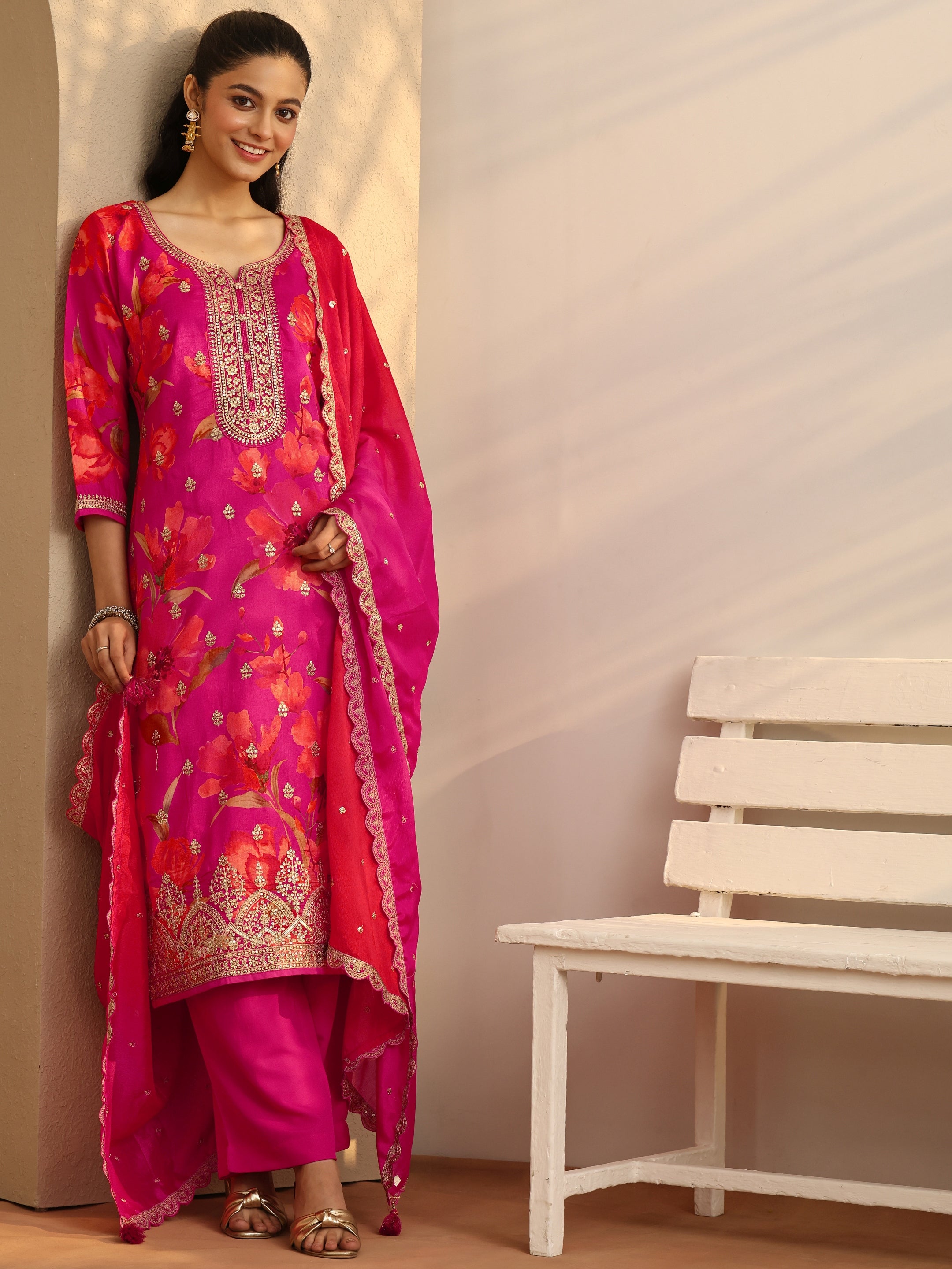 libas Pink Embroidered Silk Blend Straight Suit Set With Dupatta-picture-39