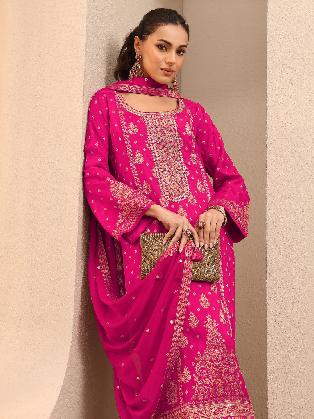 Pink Embroidered Silk Blend Straight Suit Set With Dupatta