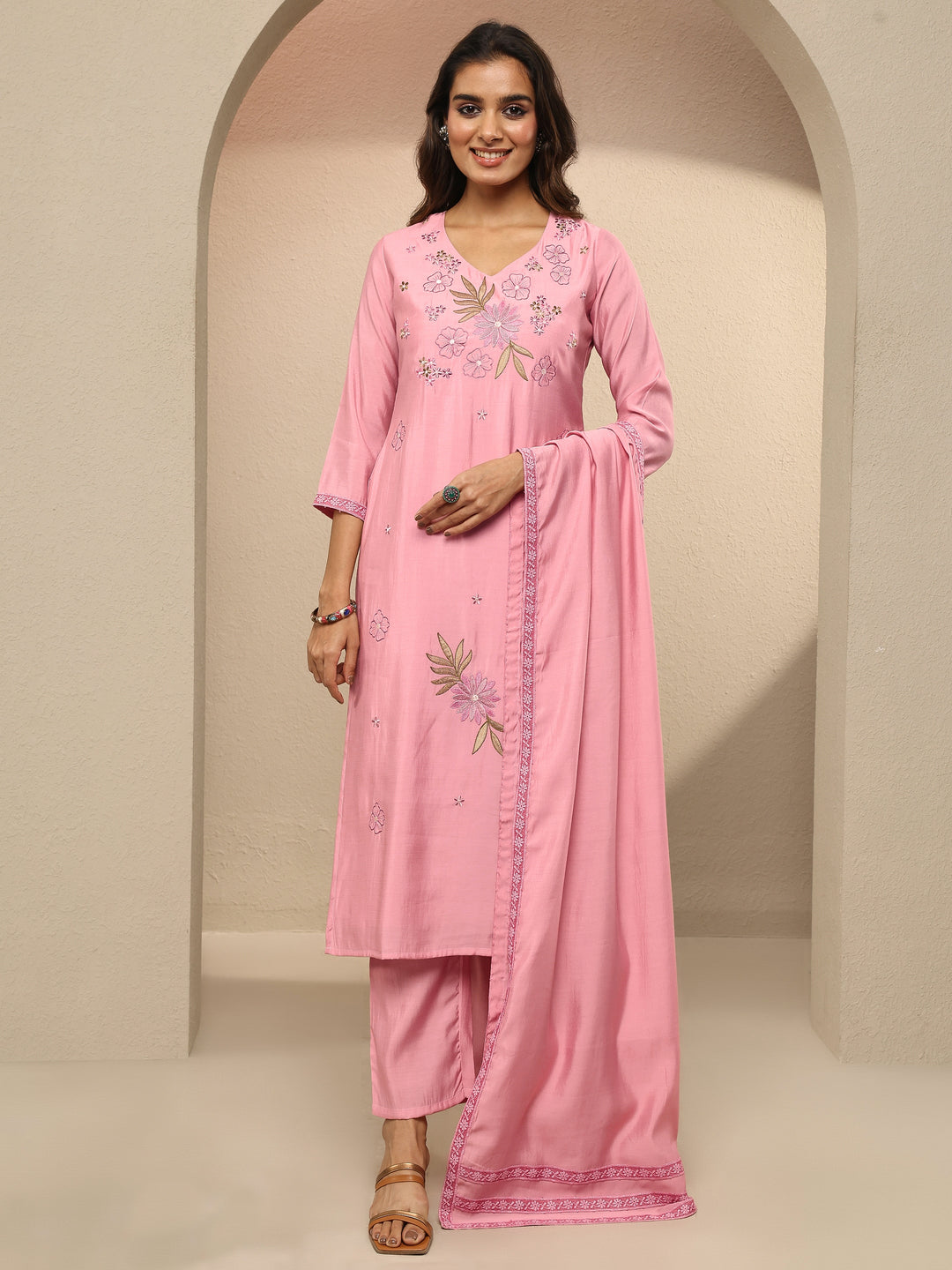 Pink Embroidered Silk Blend Straight Suit Set With Dupatta