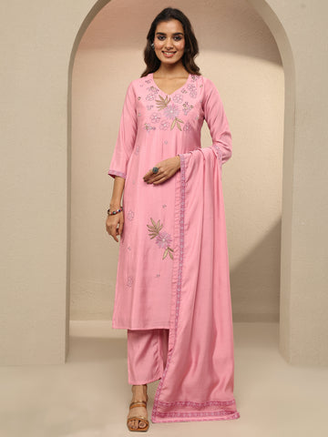 Pink Embroidered Silk Blend Straight Suit Set With Dupatta