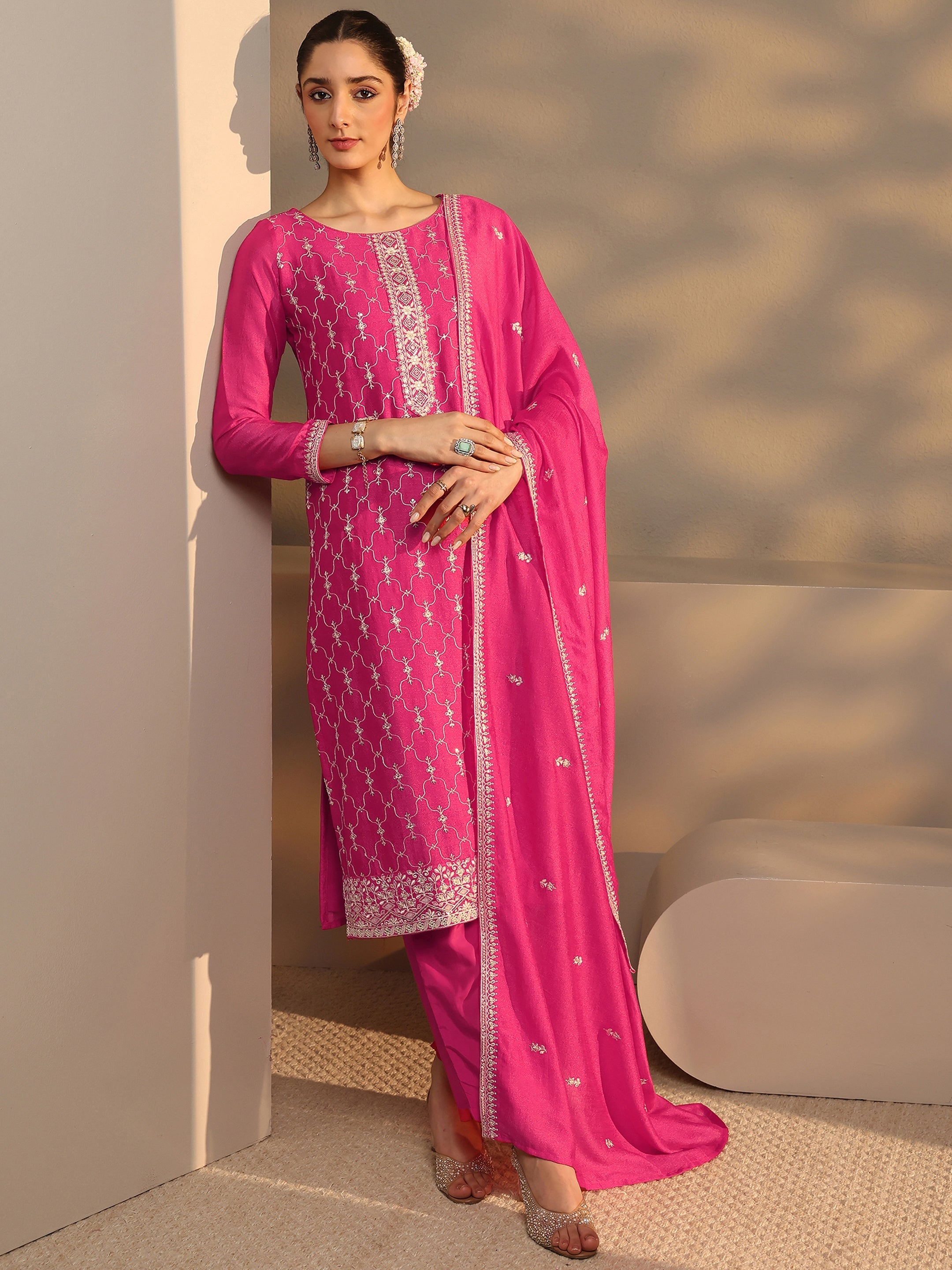 libas Pink Embroidered Silk Blend Straight Suit Set With Dupatta-picture-13
