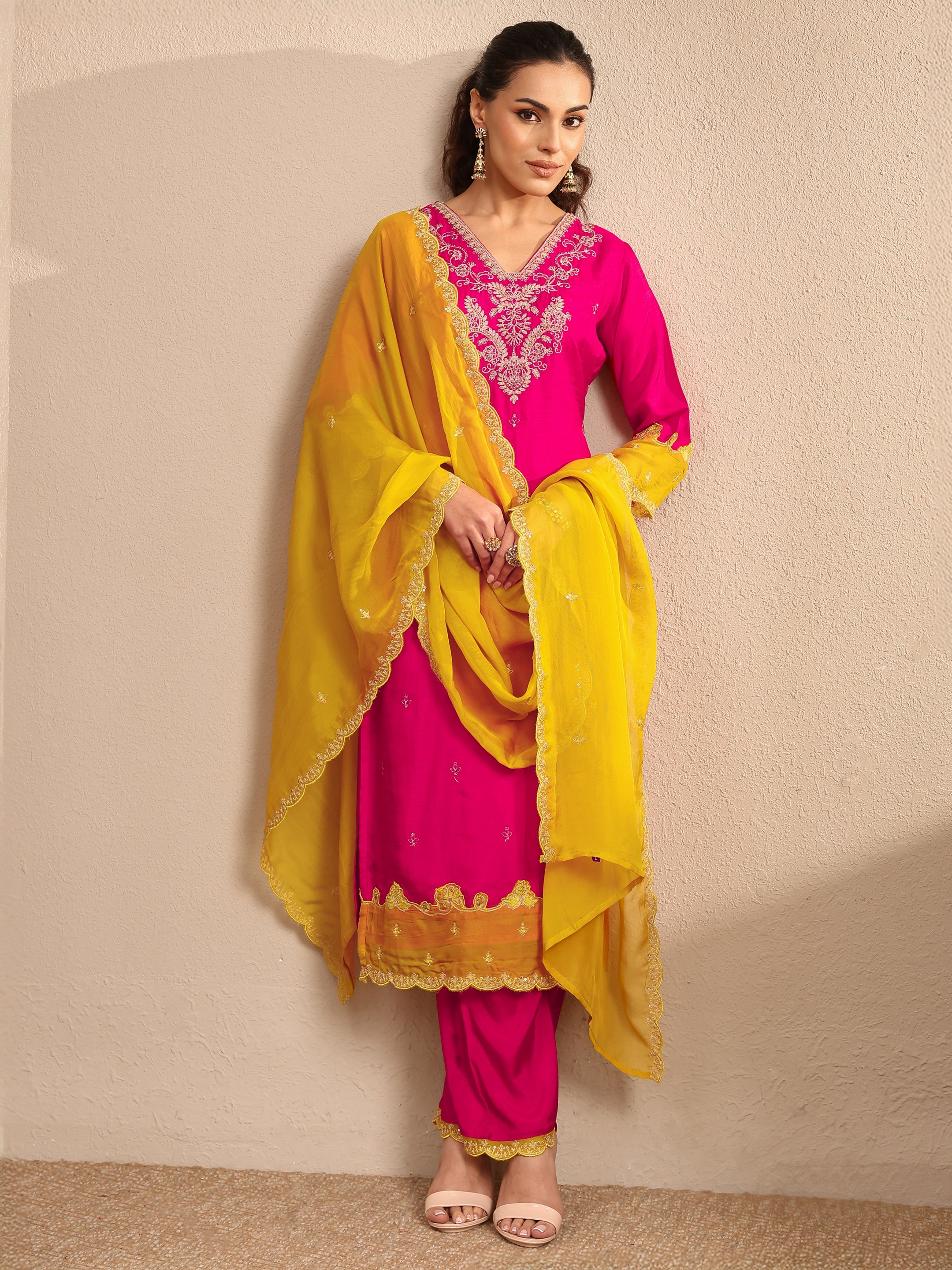 libas Pink Embroidered Silk Blend Straight Suit Set With Dupatta-picture-19