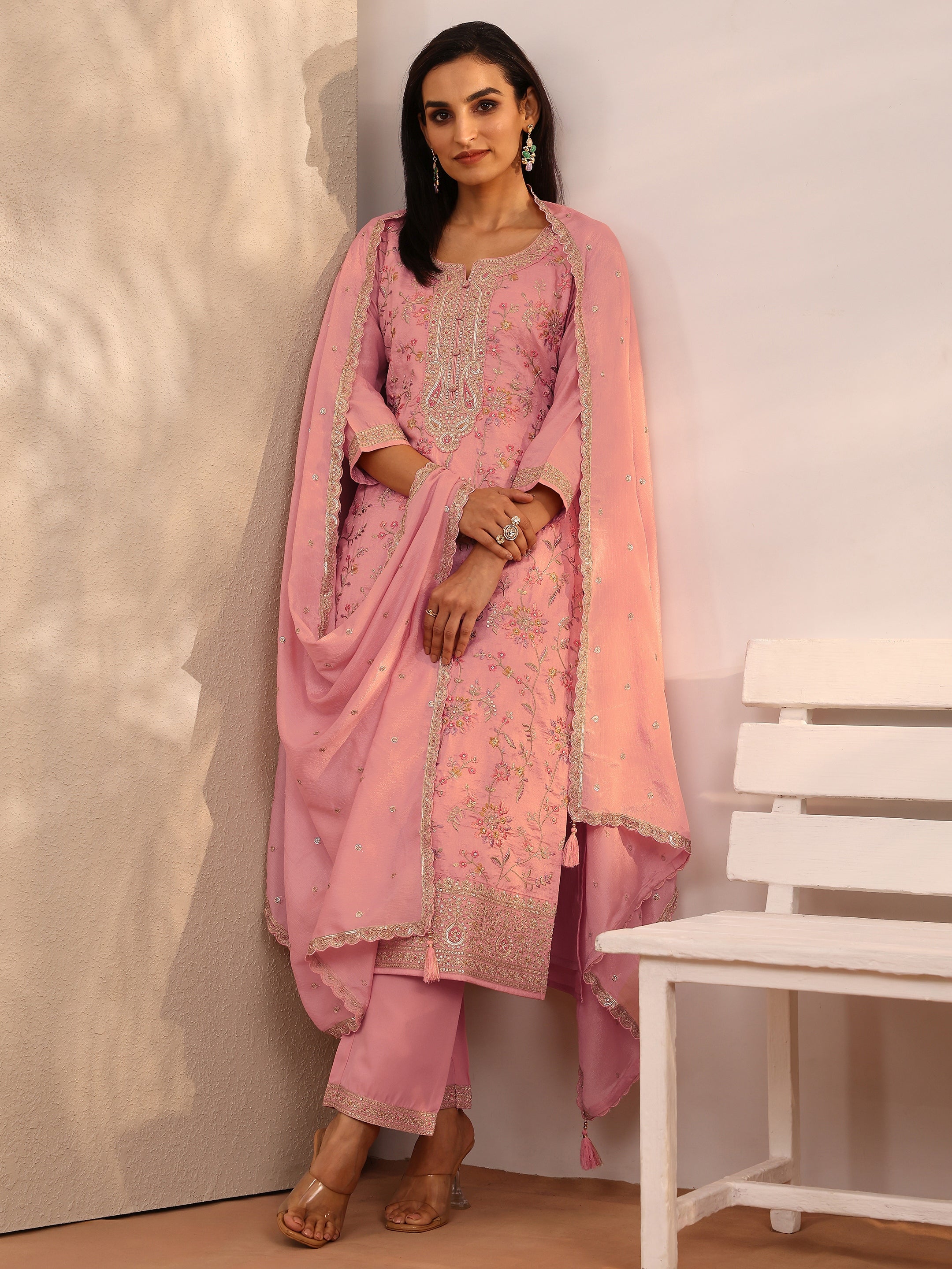 libas Pink Embroidered Silk blend Straight Suit Set With Dupatta-picture-54