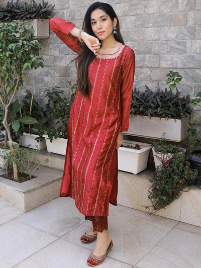 Pink Embroidered Silk Straight Kurta - Libas