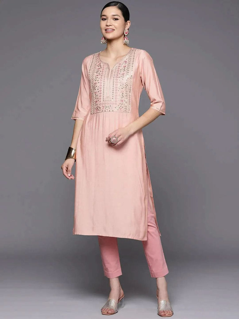 Libas Pink Embroidered Silk Straight Kurta