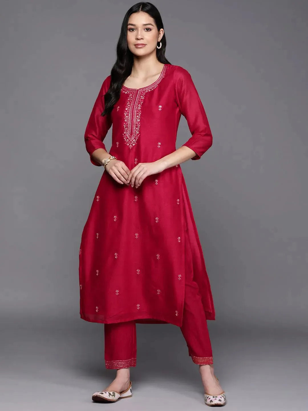 Pink Embroidered Silk Straight Kurta - Libas