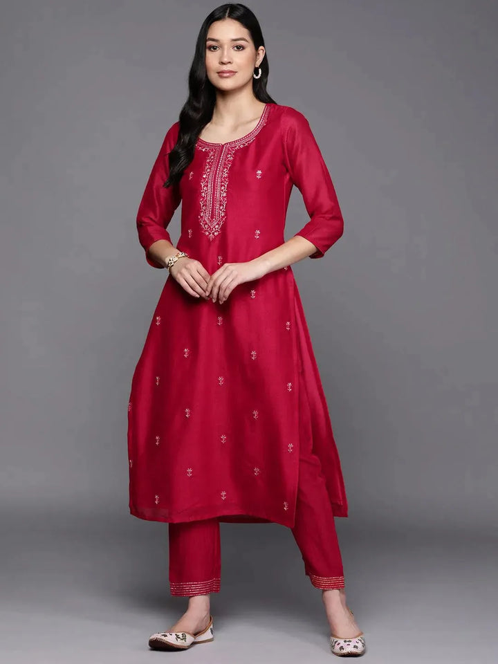 Pink Embroidered Silk Straight Kurta - Libas
