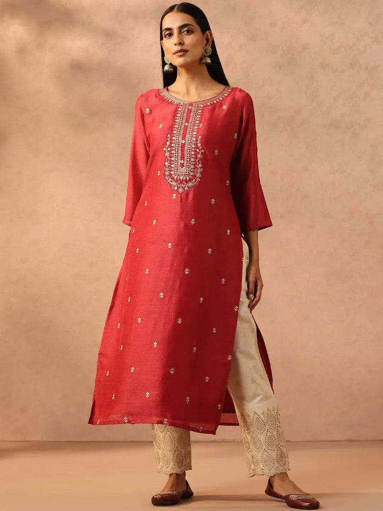 Libas Pink Embroidered Silk Straight Kurta