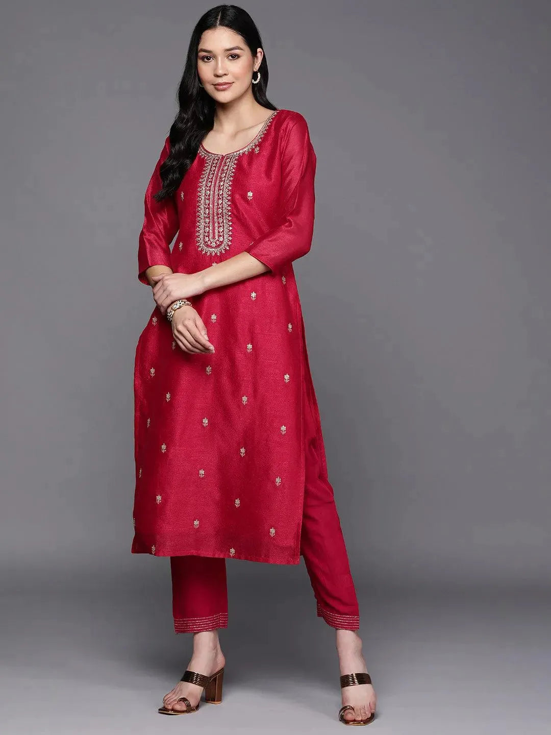 Pink Embroidered Silk Straight Kurta - Libas
