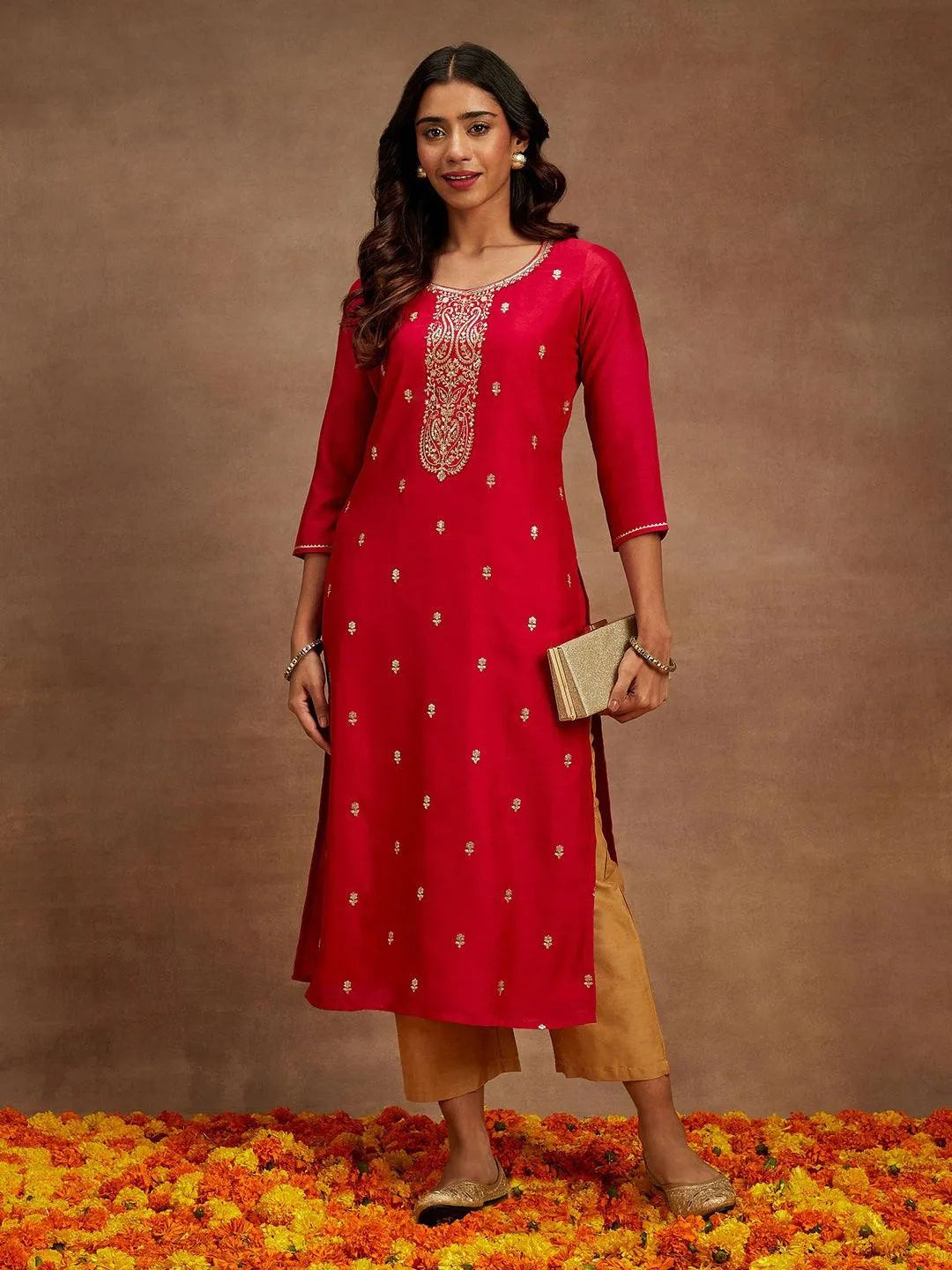 Pink Embroidered Silk Straight Kurta - Libas