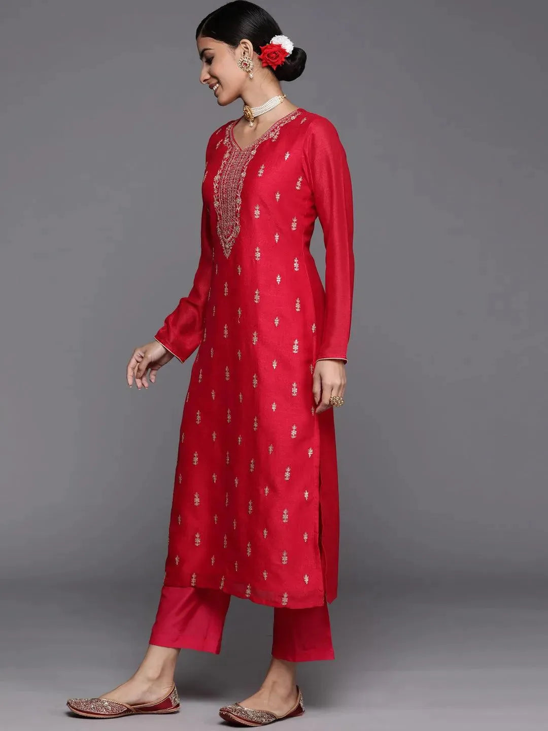 

Pink Embroidered Silk Straight Kurta