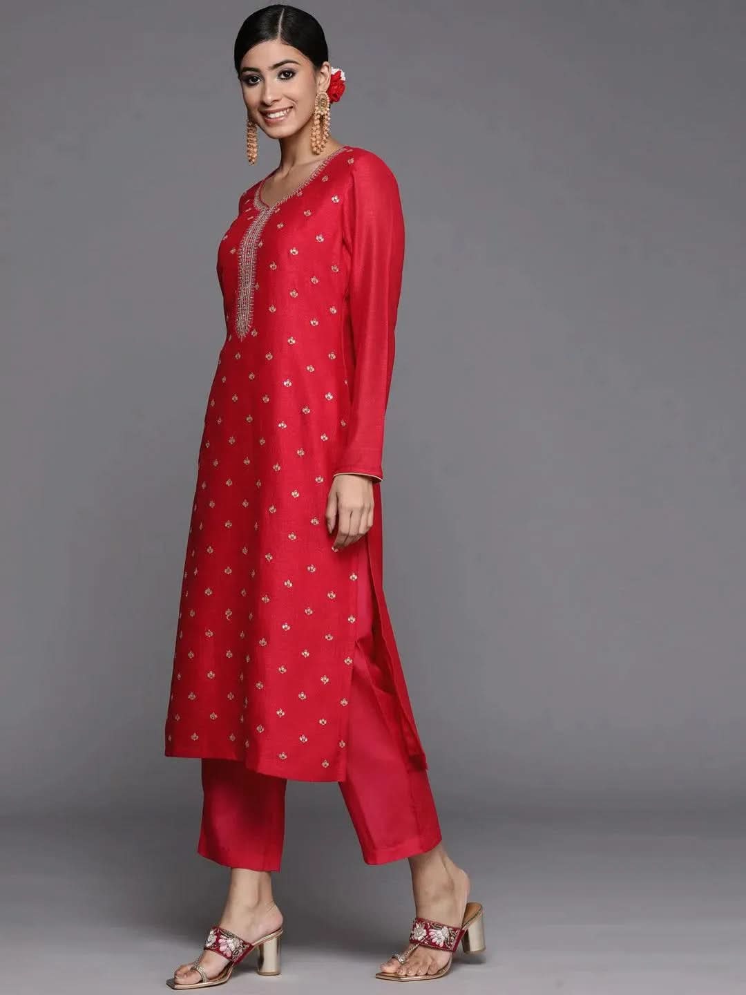 Pink Embroidered Silk Straight Kurta - Libas 