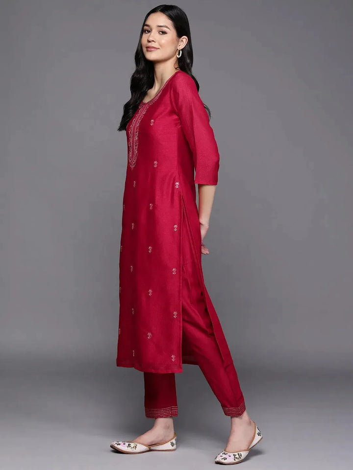 Pink Embroidered Silk Straight Kurta - Libas