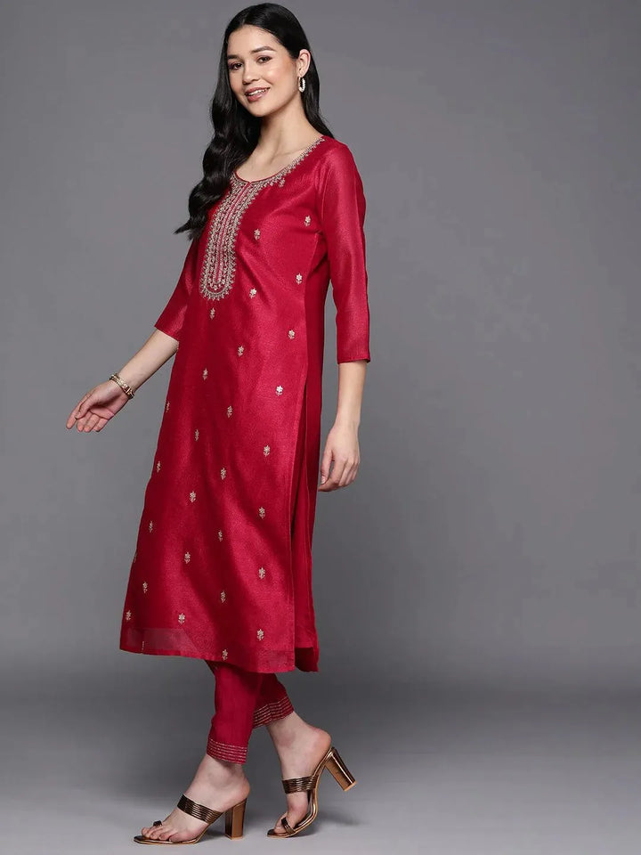 Pink Embroidered Silk Straight Kurta - Libas