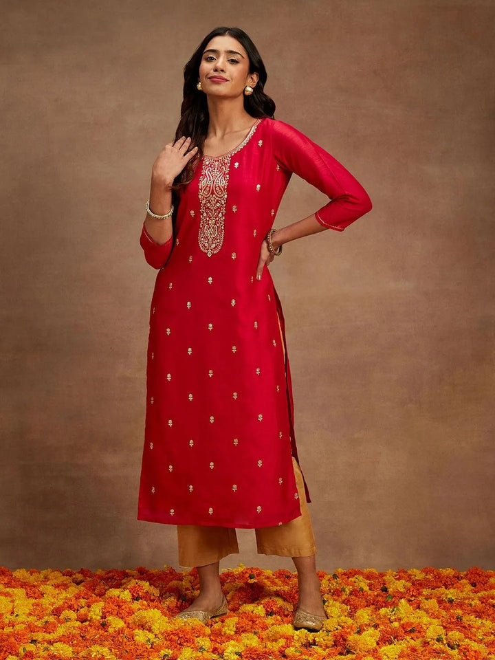 Pink Embroidered Silk Straight Kurta - Libas