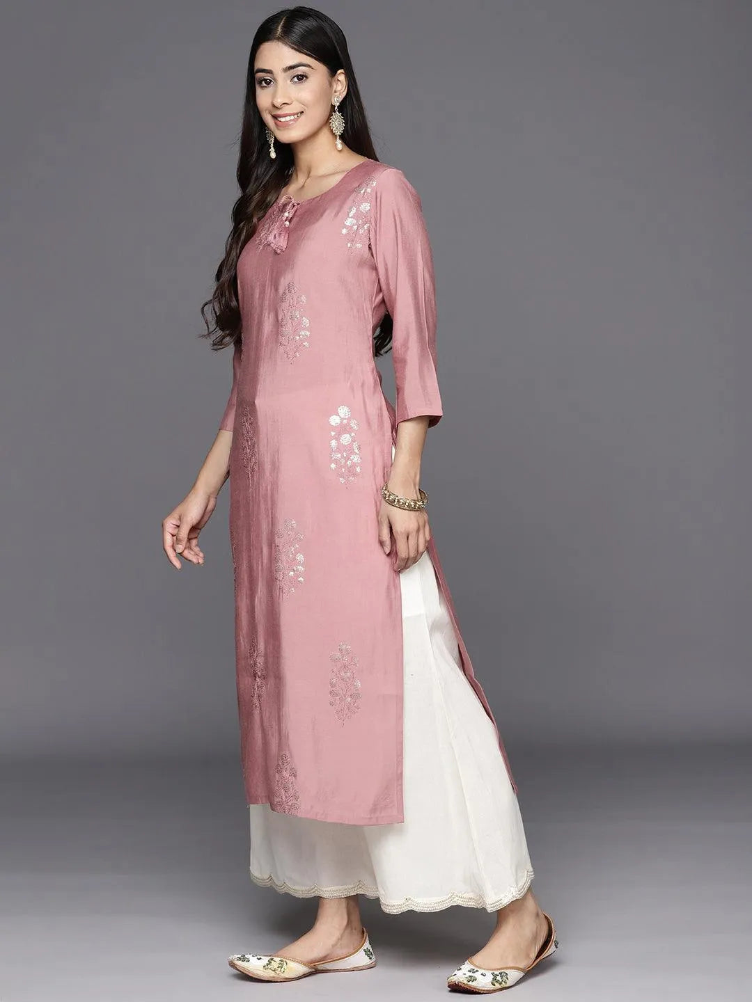 Pink Embroidered Silk Straight Kurta - Libas 