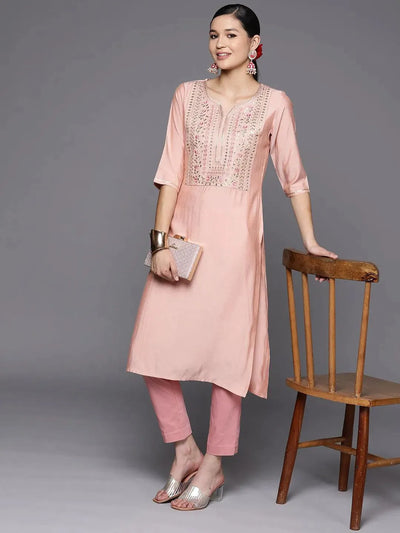 Pink Embroidered Silk Straight Kurta - Libas