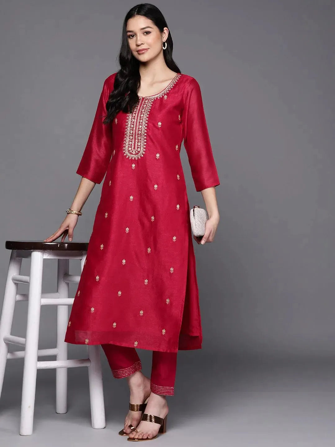 Pink Embroidered Silk Straight Kurta - Libas 
