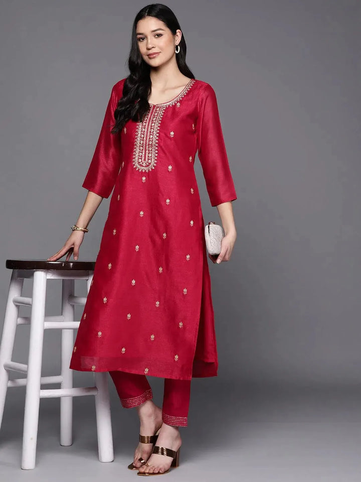 Pink Embroidered Silk Straight Kurta - Libas