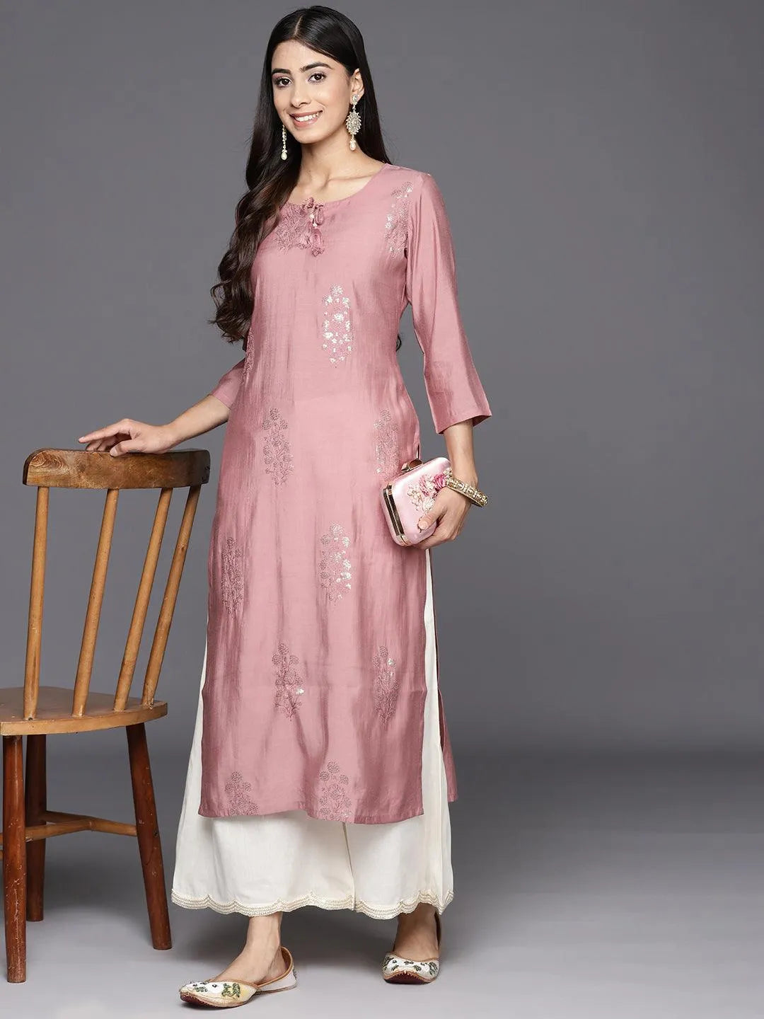 Pink Embroidered Silk Straight Kurta - Libas 
