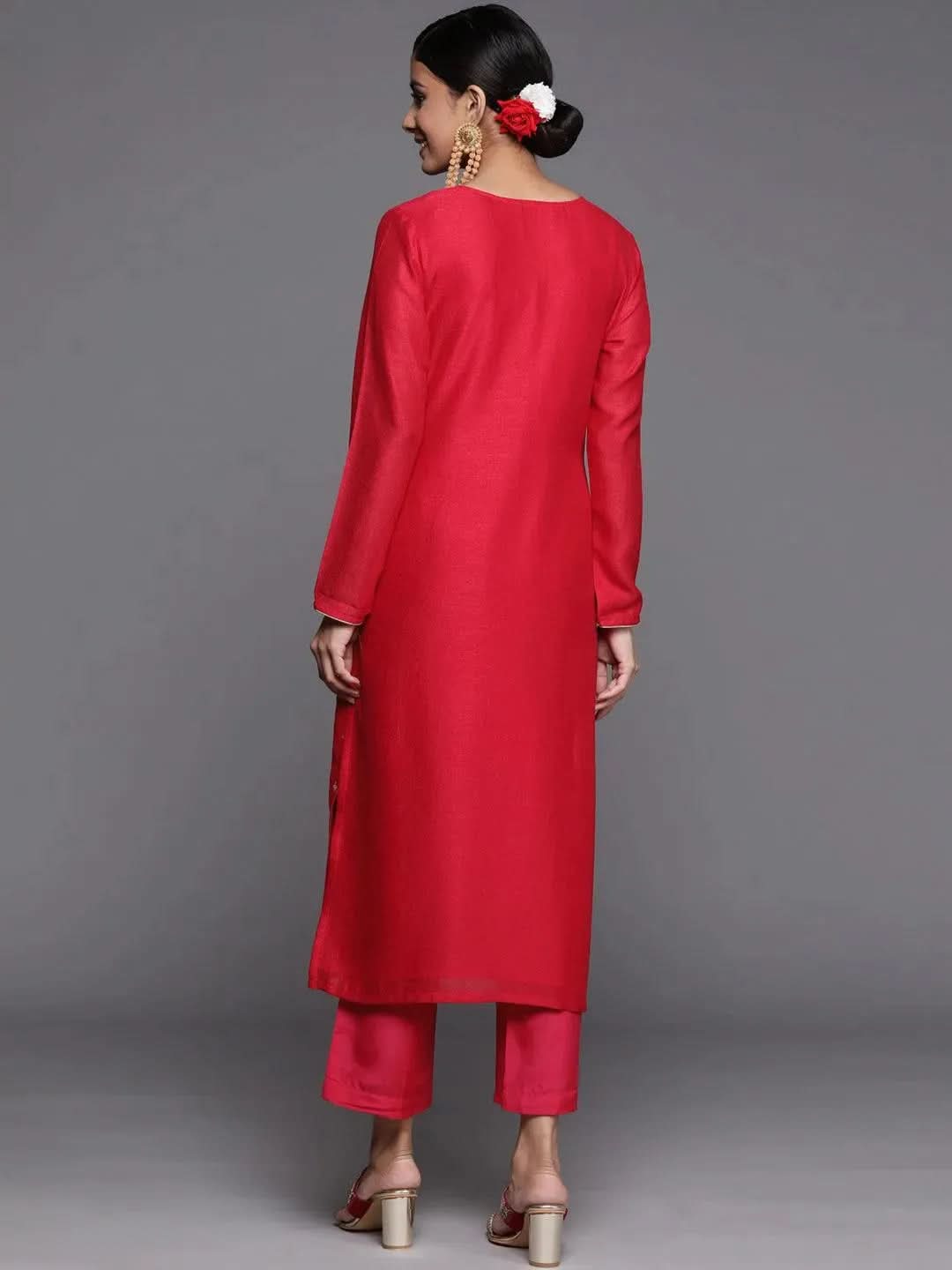 Pink Embroidered Silk Straight Kurta - Libas 