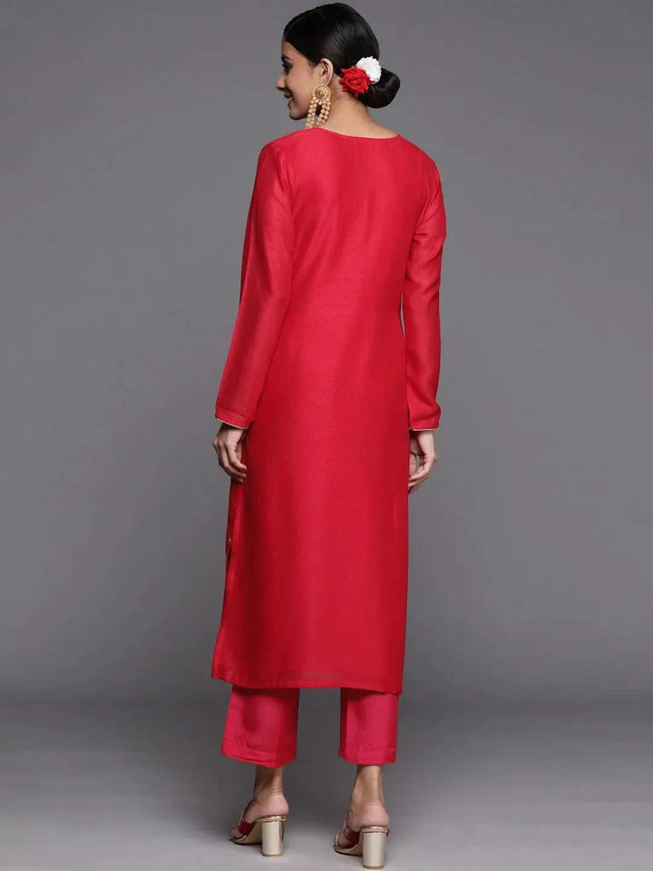 Pink Embroidered Silk Straight Kurta - Libas