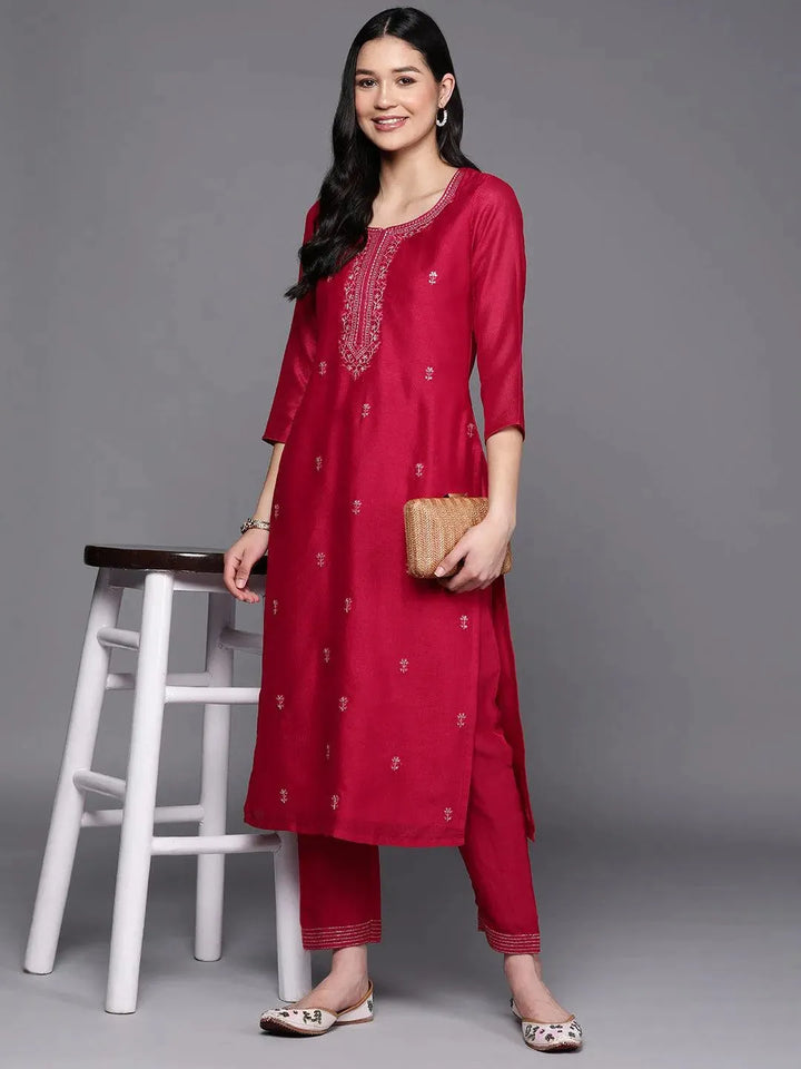 Pink Embroidered Silk Straight Kurta - Libas