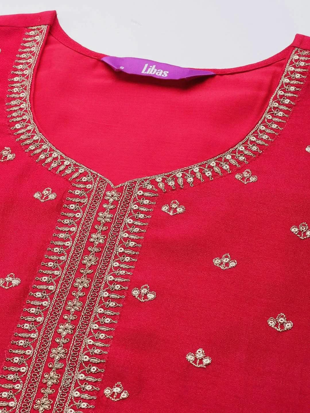 Pink Embroidered Silk Straight Kurta - Libas 
