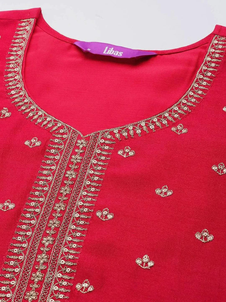 Pink Embroidered Silk Straight Kurta - Libas