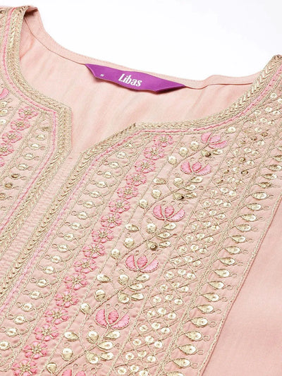 Pink Embroidered Silk Straight Kurta - Libas