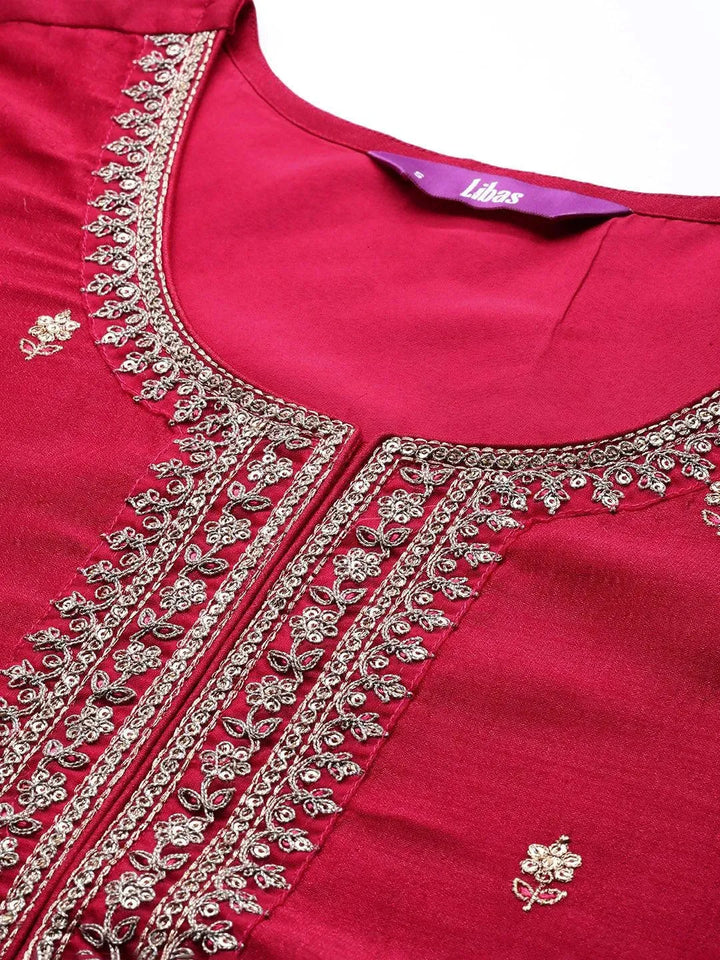 Pink Embroidered Silk Straight Kurta - Libas