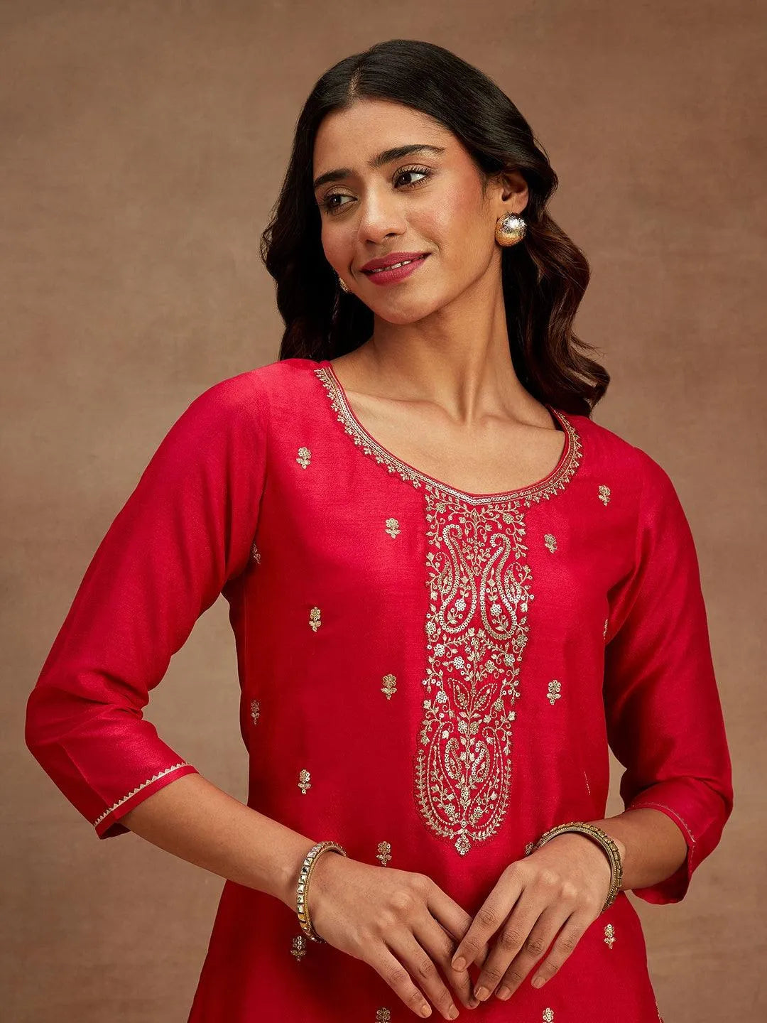 Pink Embroidered Silk Straight Kurta - Libas 
