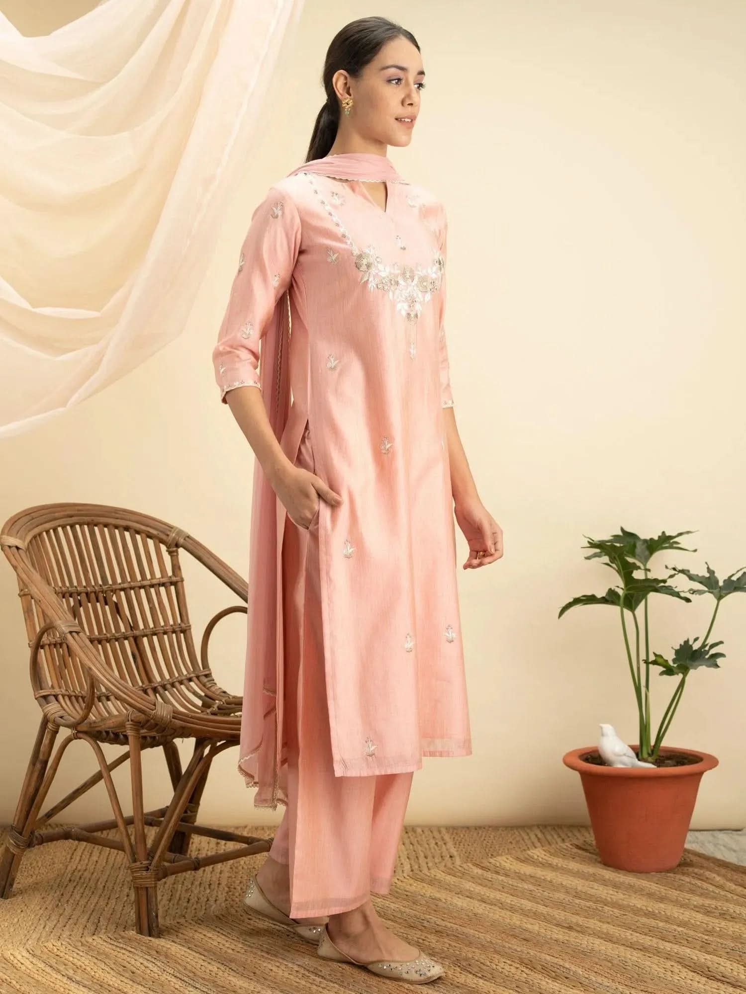 

Pink Embroidered Silk Straight Kurta With Palazzos & Dupatta