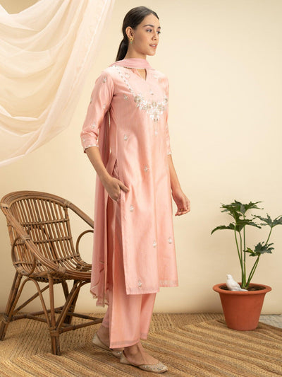 Pink Embroidered Silk Suit Set - Libas