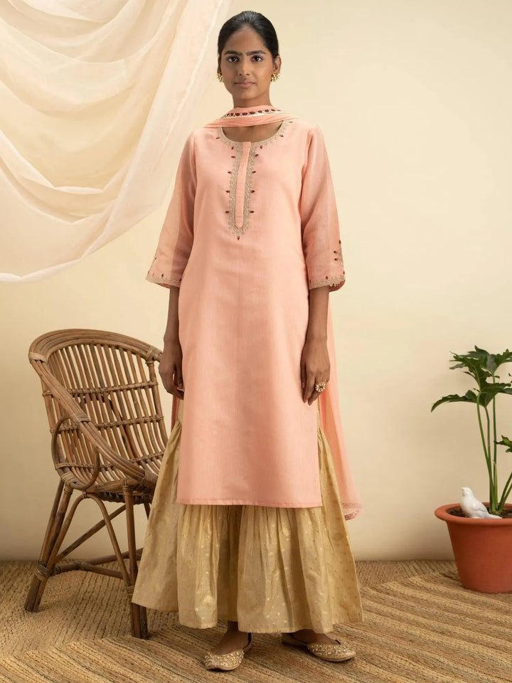 Pink Embroidered Silk Suit Set - Libas
