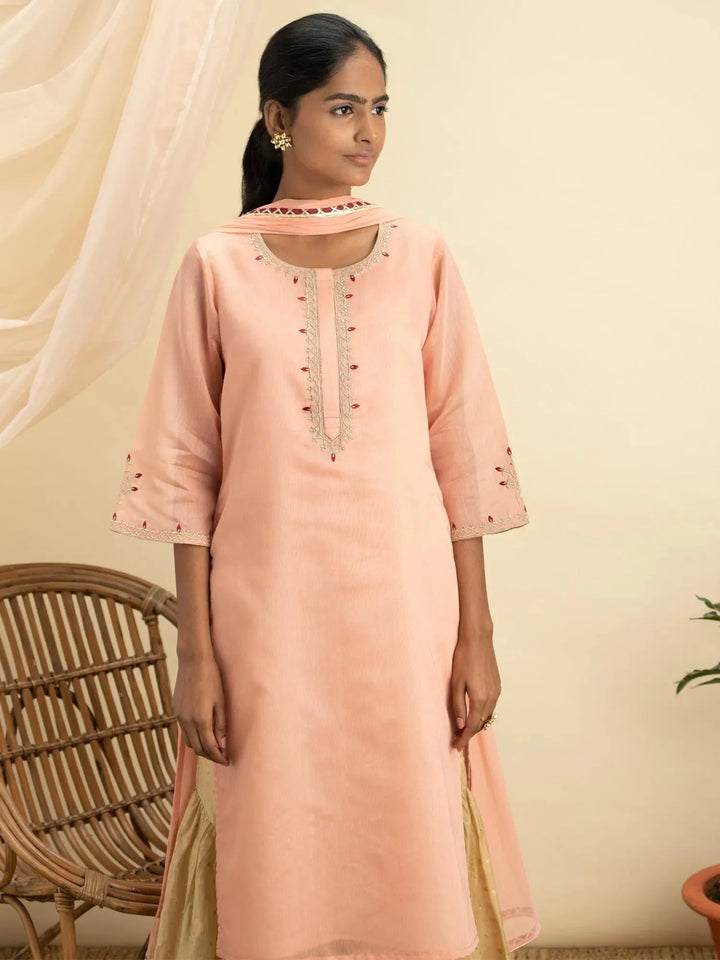 Pink Embroidered Silk Suit Set - Libas