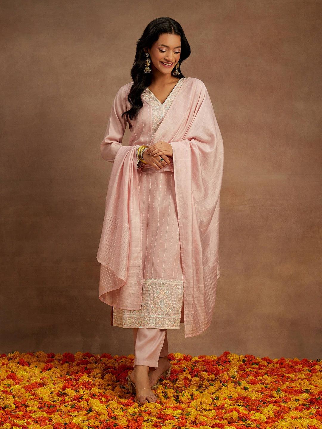 Pink Embroidered Silk Straight Suit With Dupatta