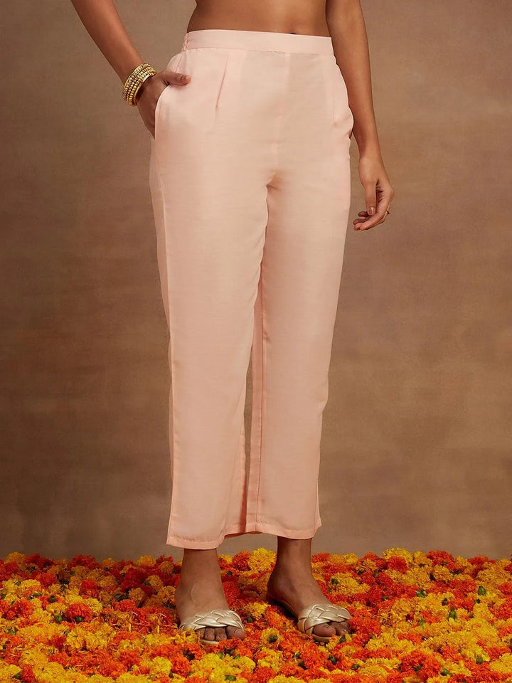 Pink Embroidered Silk Straight Kurta With Trousers & Dupatta - Libas