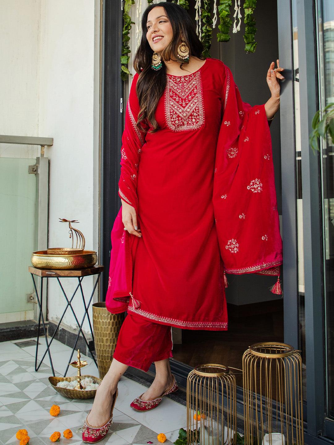 Pink Embroidered Velvet Straight Suit Set - Libas