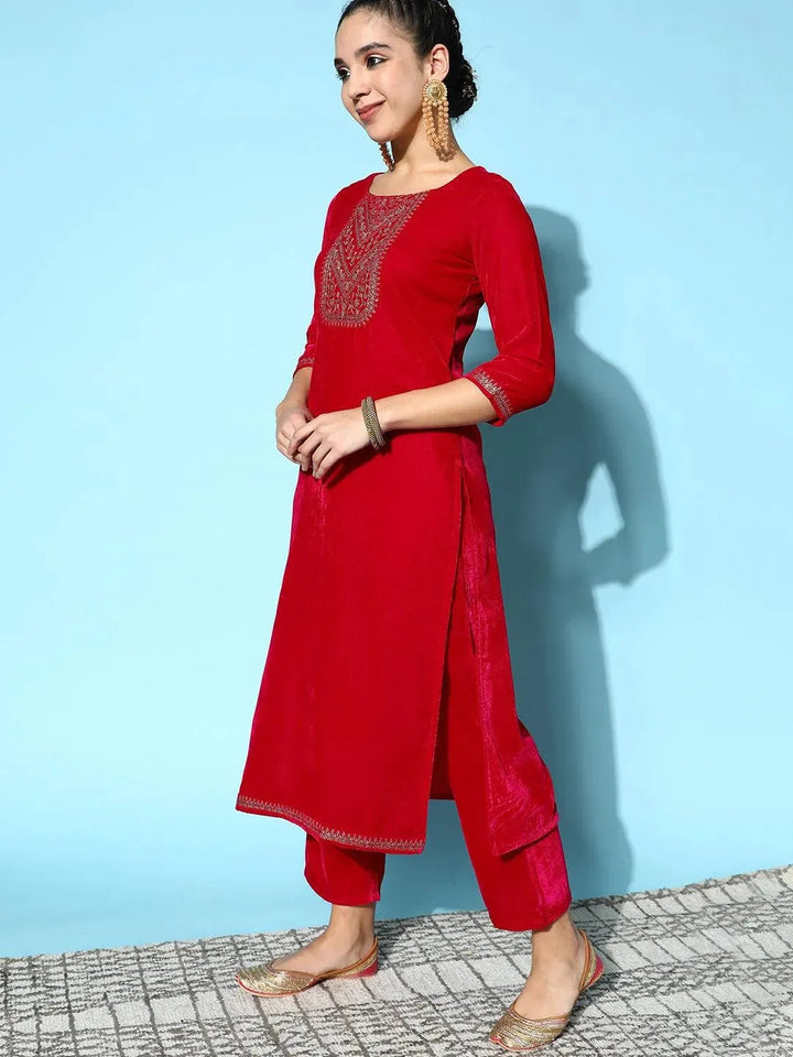 Pink Embroidered Velvet Straight Suit Set - Libas