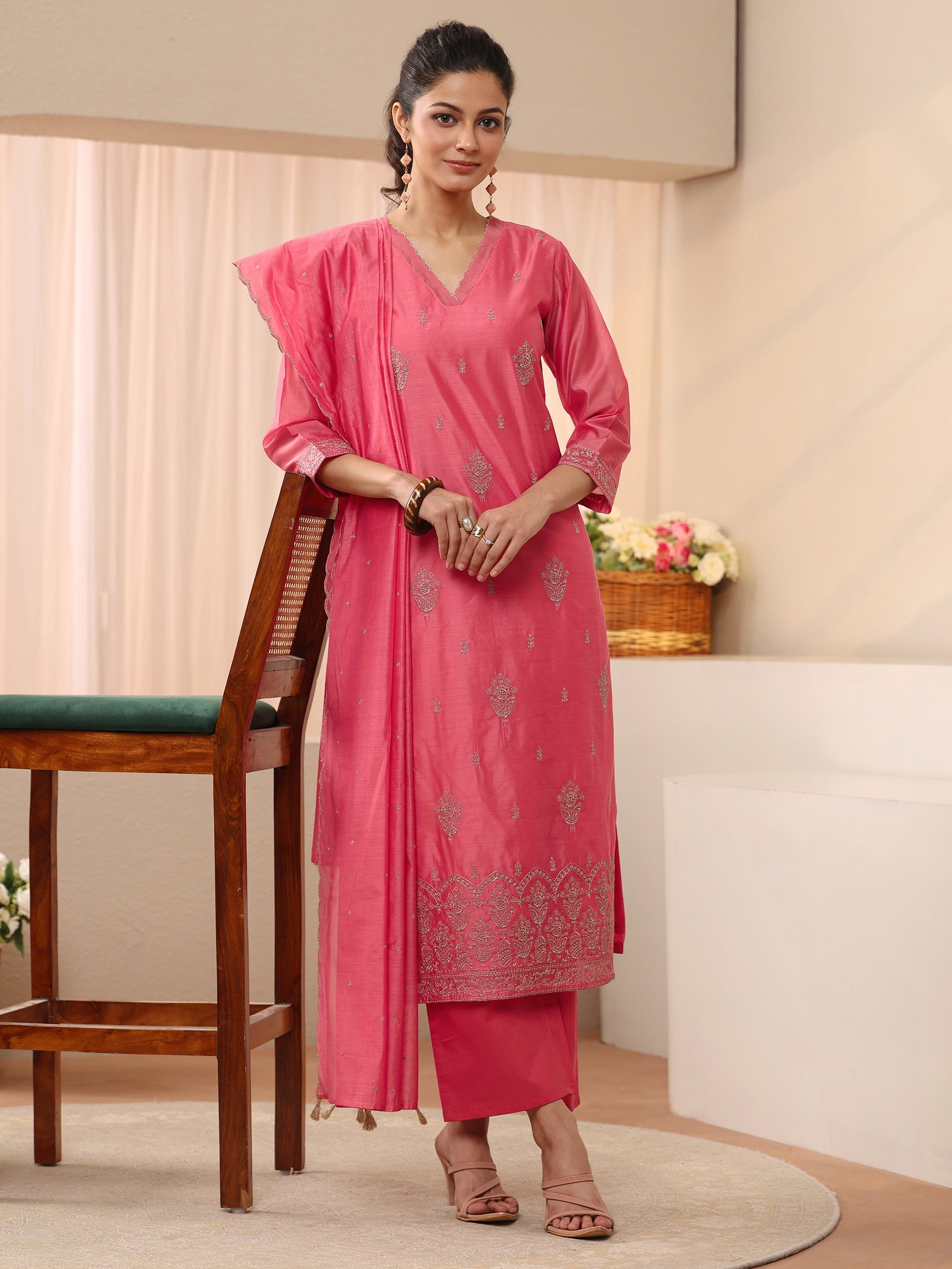 Pink Ethnic Embroidered Chanderi Silk Straight Suit Set-image-11