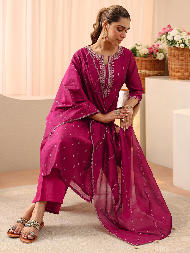 Libas Pink Ethnic Embroidered Chanderi Silk Straight Suit Set